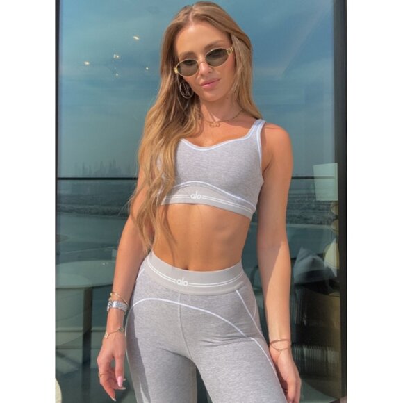 Alo Alosoft High-Waist Heart Throb Leggings Athletic Heather Grey White Hi-Rise - Picture 10 of 16